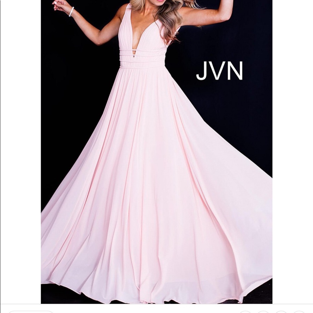 Blush Flowy Plunging V Mesh Prom Dress JVN52179